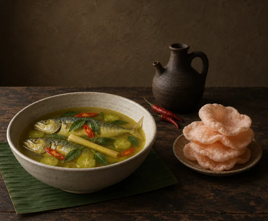 Semangkuk pindang kembung berkuah kuning di atas daun pisang, setumpuk kerupuk udang di piring kecil, kendi, dan dua cabai merah di meja jati gelap.