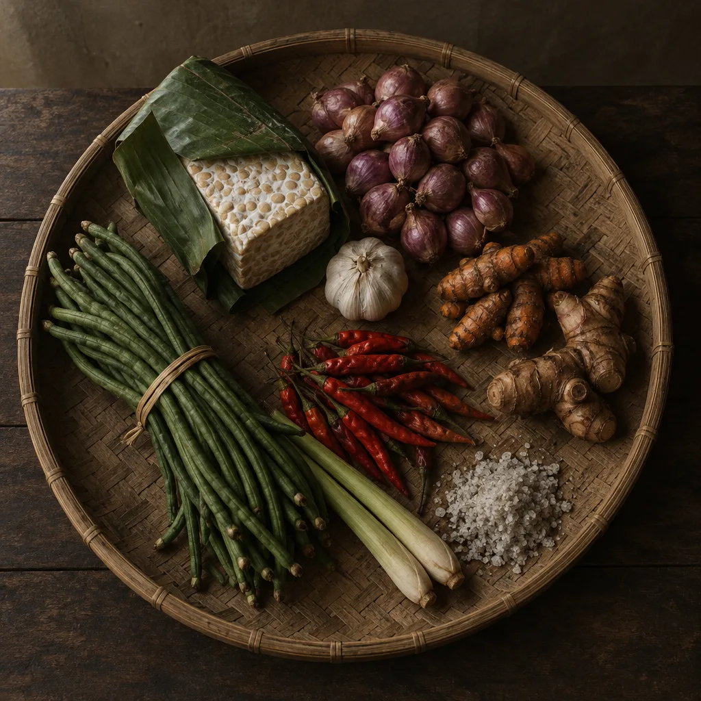 Tampah bambu tampak atas berisi tempe berbungkus daun, bawang merah, bawang putih, kunyit, lengkuas, kacang panjang, cabai merah, serai, dan garam kasar.