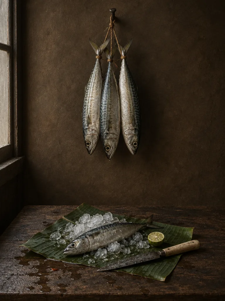 Tiga ikan kembung digantung dengan tali di paku; di meja bawahnya seekor lagi di atas daun pisang dan es, separuh jeruk limau, dan pisau dapur tua.