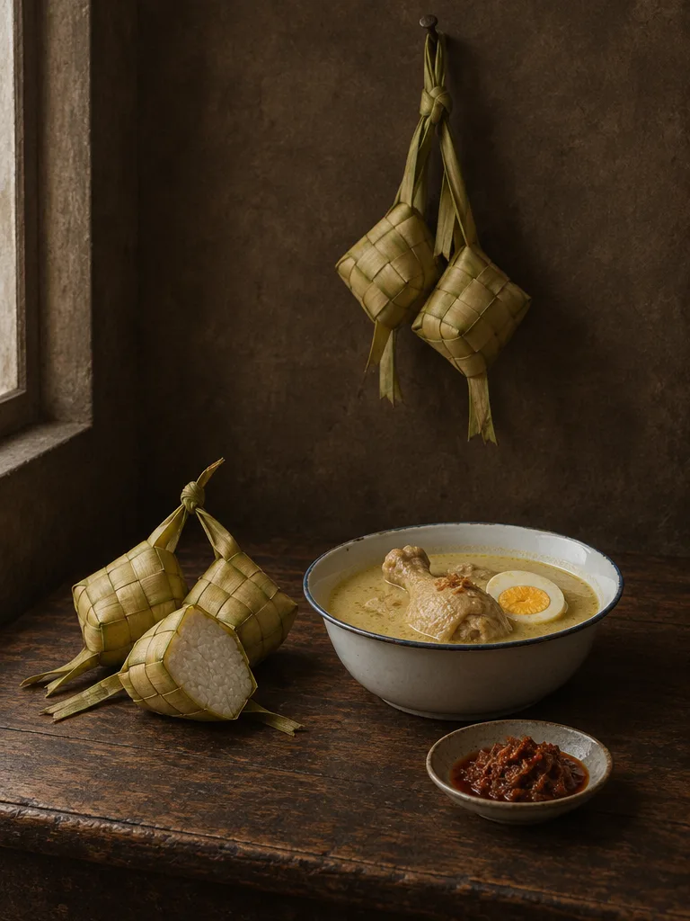 Dua ketupat tergantung di paku, tiga lagi di meja dengan satu sudah dibelah, semangkuk opor ayam dengan telur, dan sepiring kecil sambal goreng.