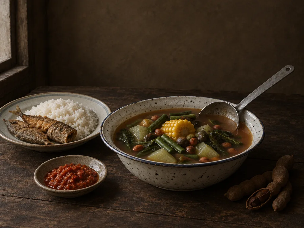 Mangkuk enamel berisi sayur asem dengan jagung, kacang panjang, dan melinjo; sepiring nasi dengan ikan asin, sambal terasi, dan beberapa polong asam jawa.