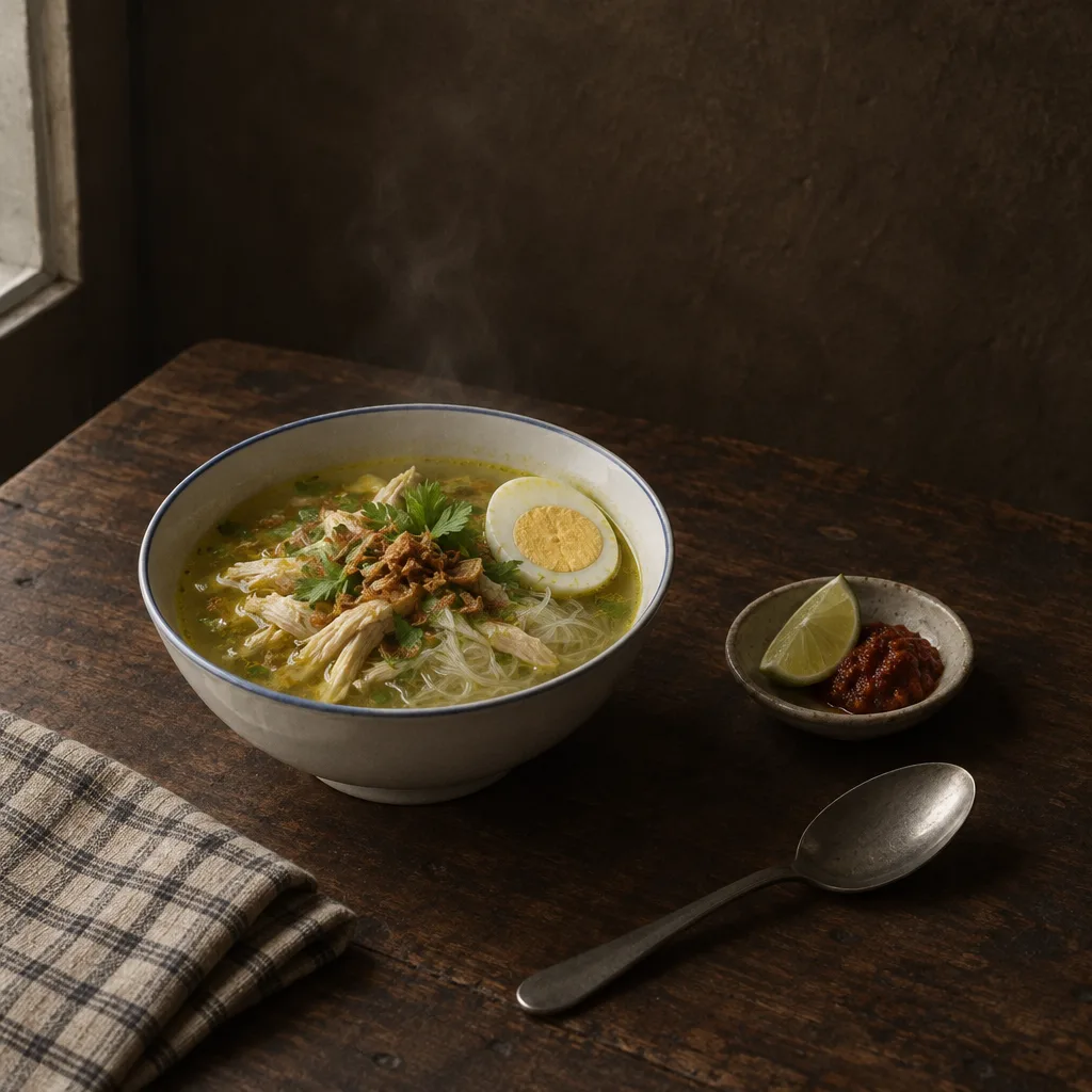 Mangkuk kecil soto ayam berkuah kuning dengan separuh telur dan uap tipis, piring kecil berisi jeruk nipis dan sambal, sendok, dan serbet kotak-kotak.